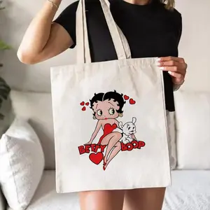 B-Betty Boop Cute Lady Red Storage Bags Canvas Double-Sided Print Tote Bag Large Capacity Shoulder Students Festive Fashion Eco Outdoor Picnic Travel High Quality Shopping Handbag Machine Washable Foldable Reusable