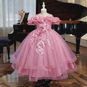 Girls’ layered chiffon ball dress with a cloud-style collar and floral embroidery, featuring an adjustable shoulder strap, suitable for flower girl weddings and graduations.