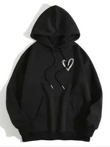 Women's Fall Winter Drawstring Hoodie, Heart Print, Medium Stretch, Kangaroo Pocket, Casual Fashion