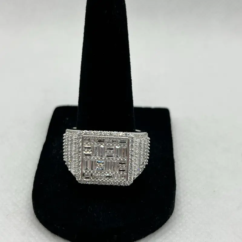 Men's 925 Sterling Silver Hip-Hop Ring - Baguette and Pavé Cuts, Square Central Head Covered in Brilliant Gems, Available in Sizes 10,11,12