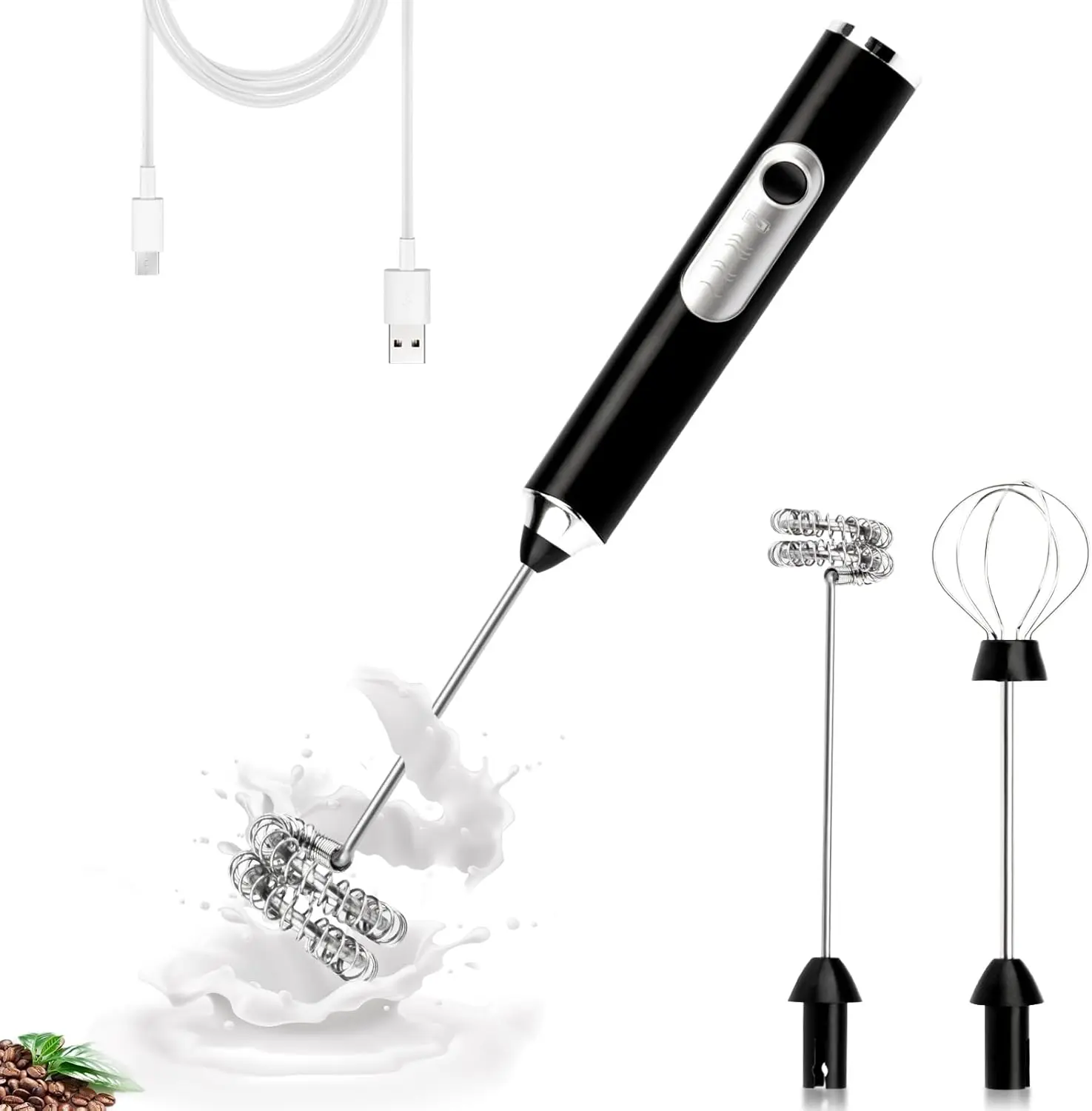 Electric Double Whisk Milk Frother Handheld Black USB Rechargeable Drink Mixer, 3 Speeds Adjustable Electric Whisk  Maker Detachable for Coffee, Lattes, Matcha, Hot