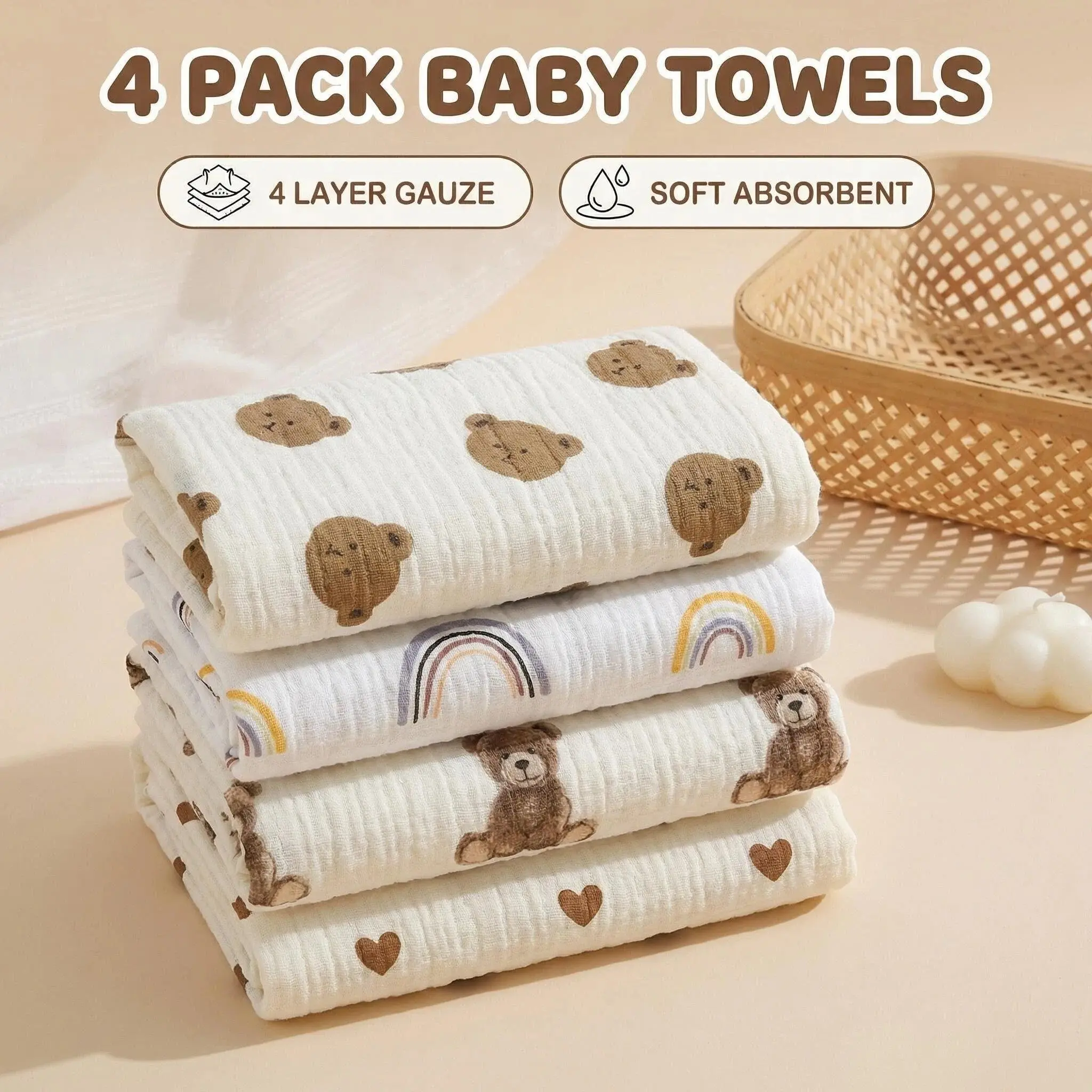 Tdhd 4-Pack Baby Towels, 25x50cm Soft Absorbent Cotton, Cute Cartoon Patterns, Ideal for Newborns, Daily Care & Bathing