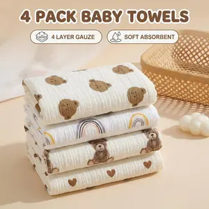 Tdhd 4-Pack Baby Towels, 25x50cm Soft Absorbent Cotton, Cute Cartoon Patterns, Ideal for Newborns, Daily Care & Bathing