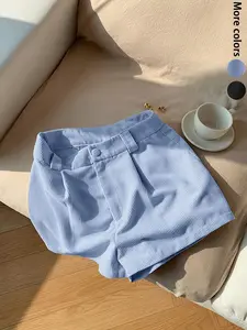 Women's Elegant Solid Color Pleated Corduroy Boyfriend Shorts, High Waist, 2026 New, Non-Sheer, All Seasons, Casual Wear, Office Commute, Home, Dates, Parties