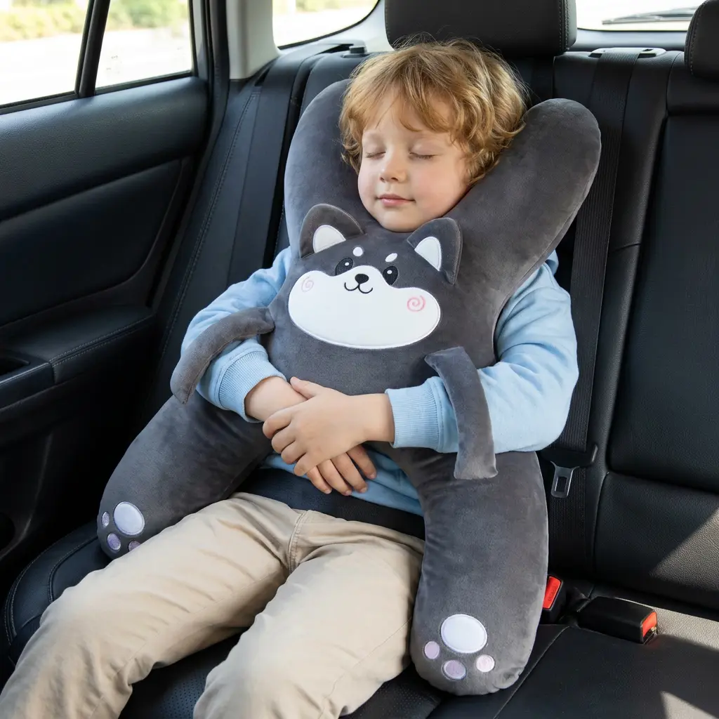 Husky H-Shape Plush Kids Car Seat Cushion Pillow, Anti-Rub Neck Protector with Head Support, Fluffy Filling, Machine Washable, Universal Size for All Cars