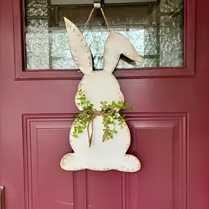 Vintage Wooden Easter Bunny Door Hanger, Rabbit Wall Decor for Farmhouse & Spring Home, Rustic Easter Decoration