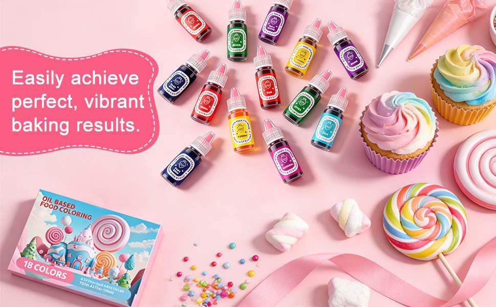 18 Oil Based Food Coloring 0.25 fl oz Bottle Set for Chocolate Christmas Birthday Parties Cake Decoration Candy Melting Dye Baking Cookies Fudge Meringue