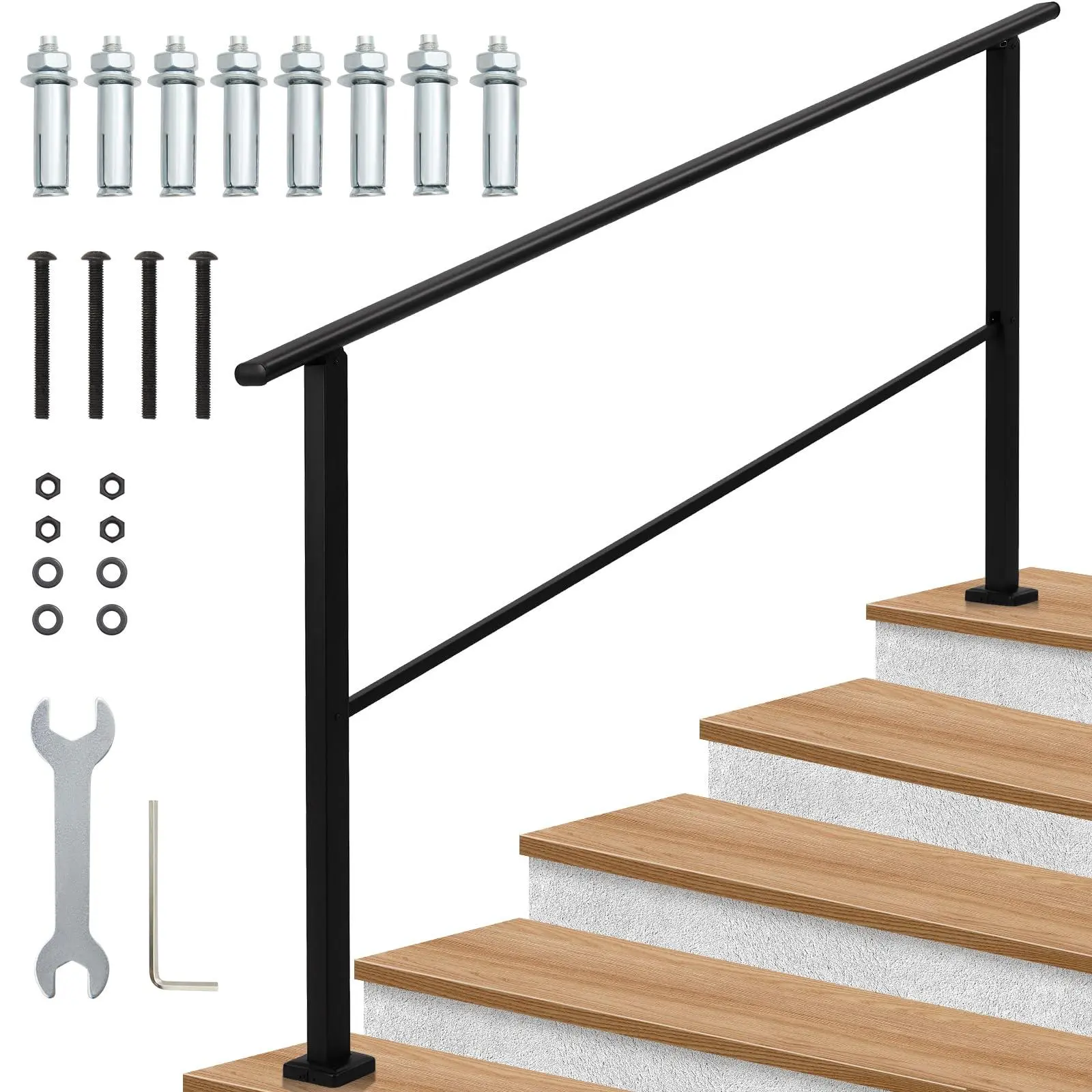 Minimalist Black 5-Step Heavy-Duty Steel Handrail Complete Kit, 26x39 in Adjustable Stair Railing, Non-Slip Grip, Weatherproof, Quick Setup for Deck, Porch