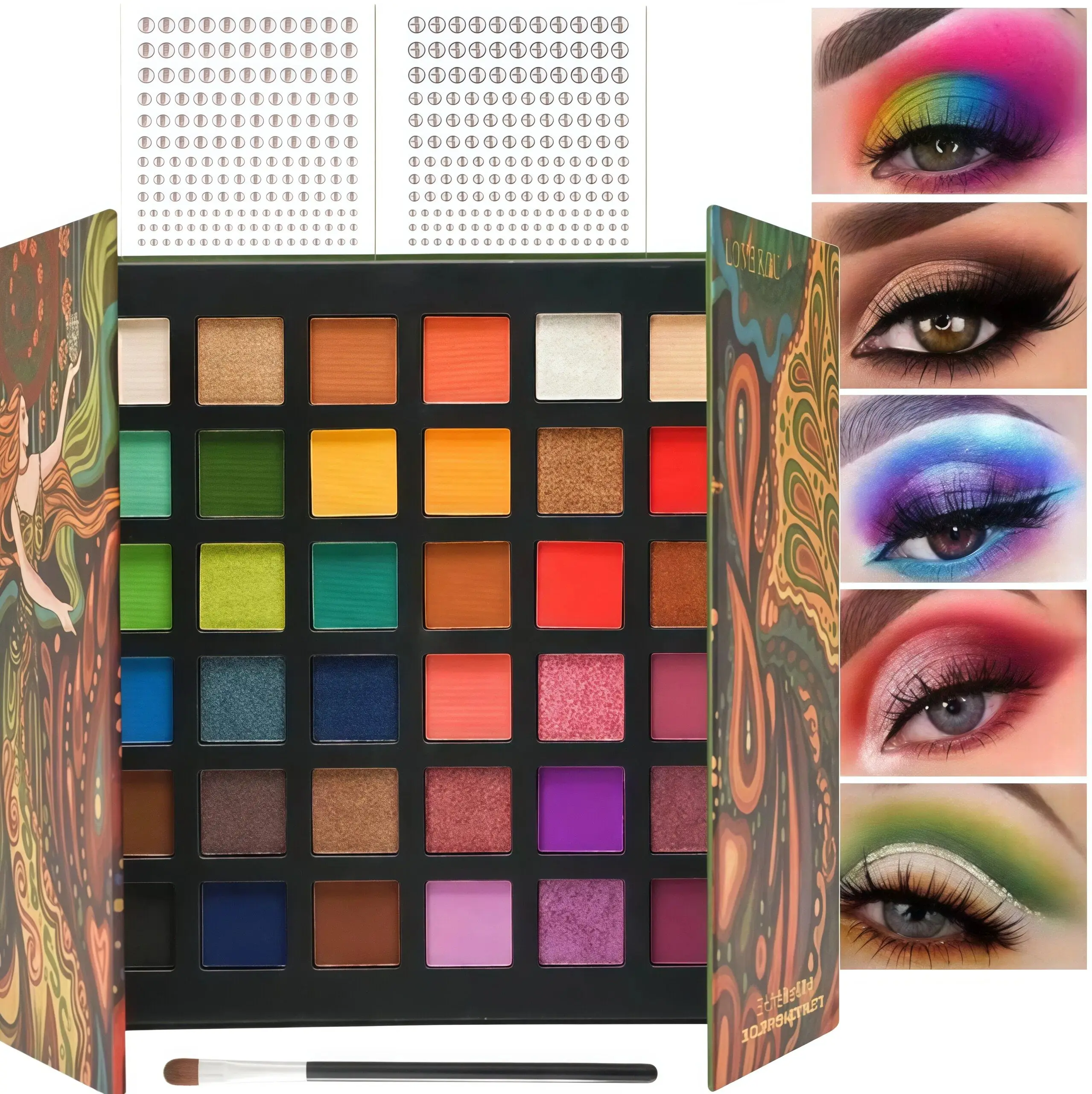 Vintage Oil Painting 36 Color Eyeshadow Palette Alcohol Free Sensitive Skin Safe Matte Shimmer Glitter Powder Eyeshadow Waterproof Long Lasting Easy Blend Vibrant Pigment Compact Makeup Kit Free Bonus Brush & Face Rhinestones For Cosplay Stage Festival Sm