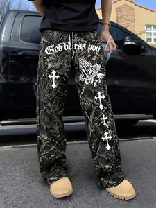 Men's Casual Camo Long Pants, God Bless You Pattern Print, Fashion Drawstring Wide Leg Pants, All Season Loose Fit Men's Clothing