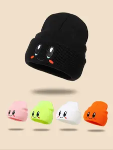 Autumn Winter Essential Warm Pom-Pom Hat, Cute Big Eye Smiley Embroidery, Unisex Design for Men & Women, Cozy Beanie Cap