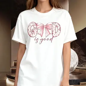 1pc Women's Vintage Christian "God Is Good" Bible Verse T-Shirt with Floral Bow Design Soft Round Neck Short Sleeve Machine Washable Beige Casual Top for Mother's Day Father's Day & All Festivals walk  by  faith  tee Flower Print Casual T-Shirt Unisex Hor