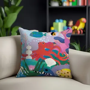 Decorative pillow with vivid octopus and undersea scene, colorful fish and coral design, machine washable, suitable for home, office or party decoration. Party decorative pillow with vivid printed design on decorative fabric, octopus decoration