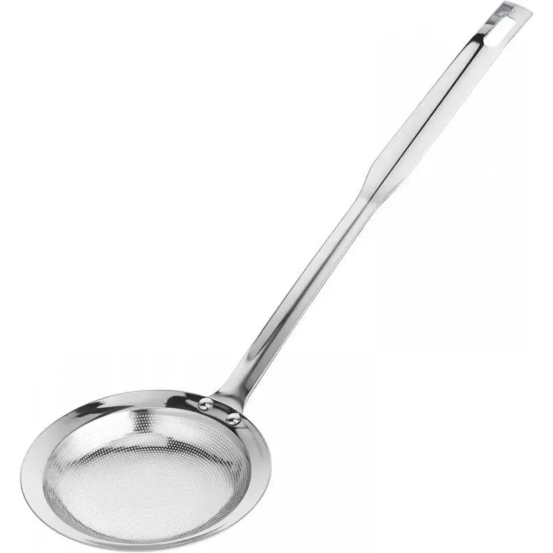 Ultra-Fine Mesh Stainless Steel Long Handle Colander Skimmer Utensil - Extra-Large, Heat-Resistant, Non-Slip, Easy-to-Clean, Dishwasher-Safe, Hanging, Easy Reach Draining Spoon for Soups, Deep Frying, Traps Tiny Food Bits