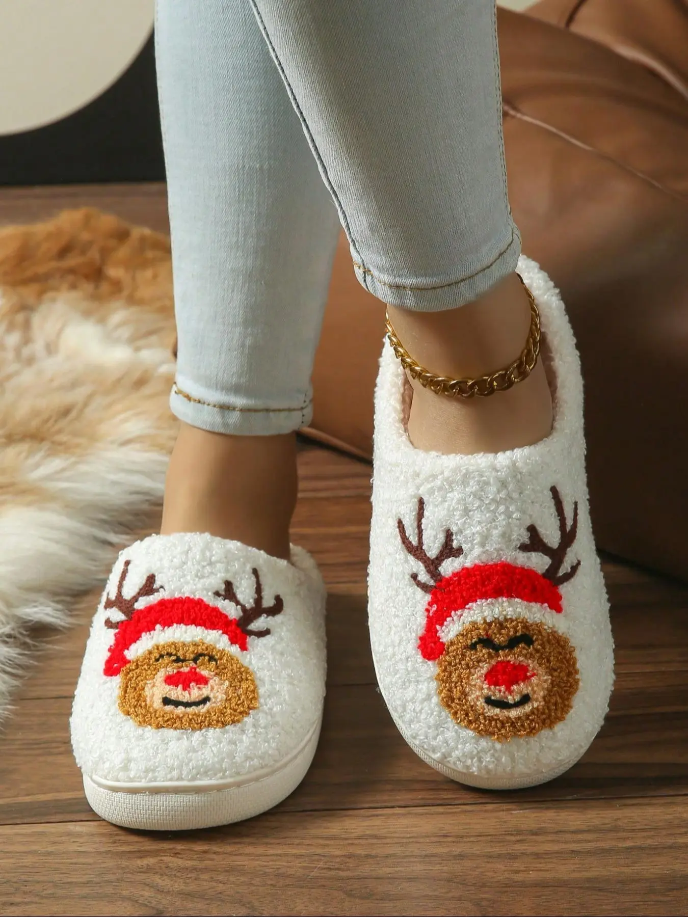 Reindeer Embroidered Cotton Slippers, Fall & Winter Indoor Casual Women's Home Shoes, Textile Upper, Rubber Sole, Fashion Style