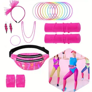 1 pack 80s party Accessories for Women Retro Glow Party Costume Set including necklaces, bows, lace headbands, lightning earrings, mesh skirts and laser waist bags Fashion Accessories