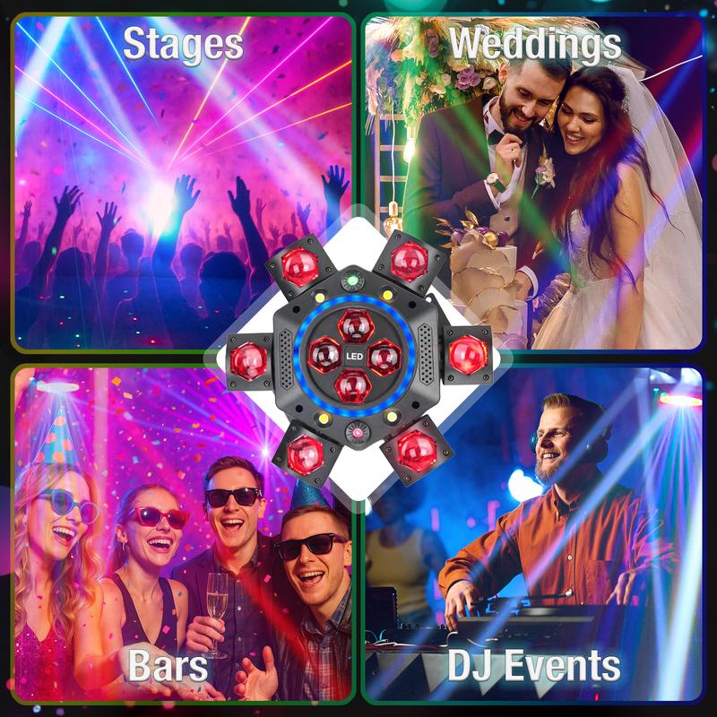 Professional DJ Light 6-Arm 150W Moving Head RGBW Bee-Eye Beam with LED Halo Ring DMX512 26 Channel Laser Starry Sky White Amber Strobe Sound Activated for Events