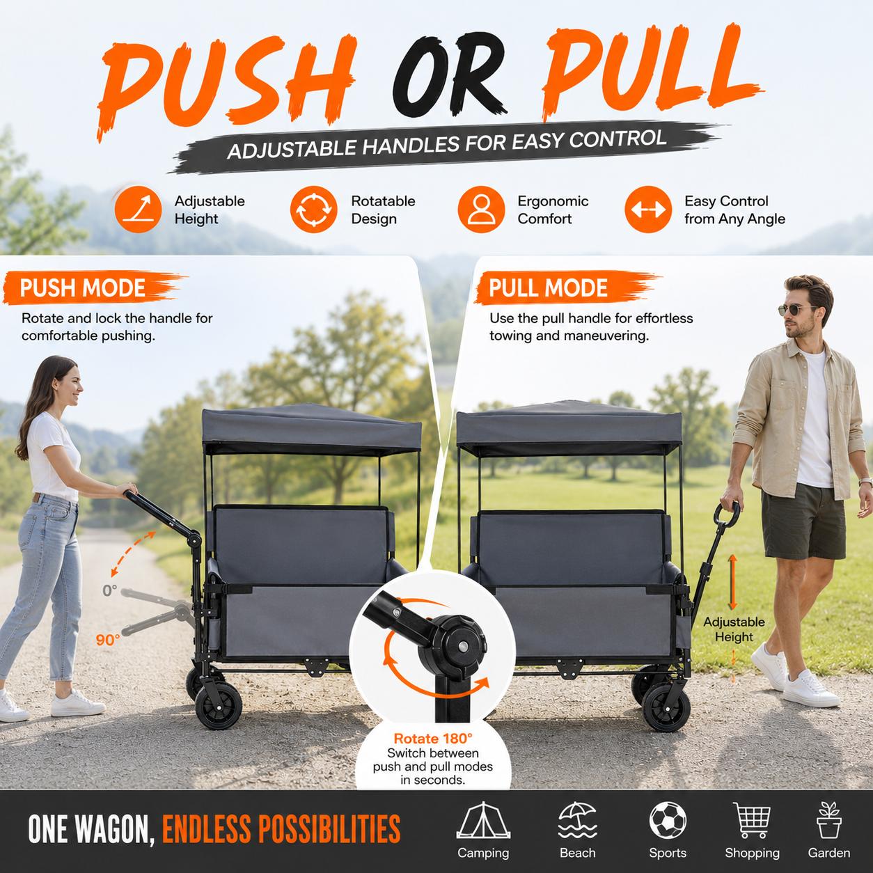 3-in-1 Collapsible Utility Wagon with 180L Capacity, Steel Frame, Bench Seat, Removable Canopy, Brake System, 500lbs Load, All-Terrain Wheels for Garden Camping-0028