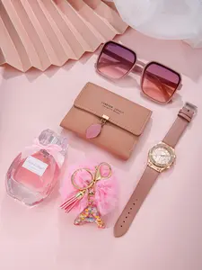 Elegant Women's Quartz Watch Accessories Set with Heart Pattern Wallet, Sweet Cool Glasses, Letter Keychain, Delicate Perfume, Gift Box