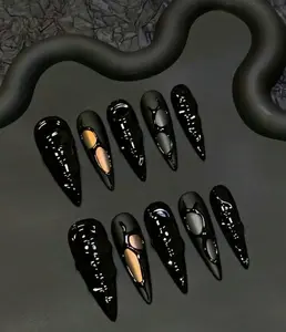 Alien Ooze Nails: Glossy Black 3D Sculpted Drips with Mirror Insets for a Dark Futuristic Look Straight from a Sci-Fi Horror Realm