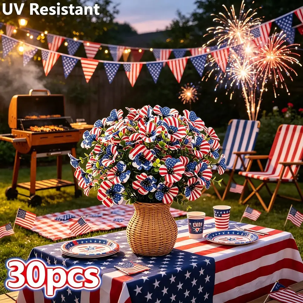 30Pcs UV Resistant Patriotic Artificial Violets, Blue White Red Fade-Resistant Fake Flowers, Outdoor Hanging Floral, Artificial Outdoor Plants, No Watering No Maintenance Durable Plastic, Perfect for July 4th, Memorial Day, Garden and Porch