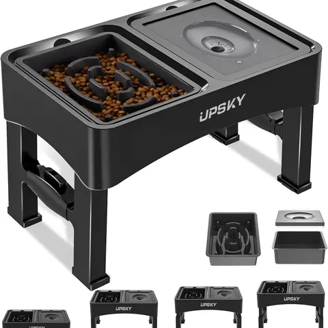 2-in-1 Elevated Dog Slow-Feed Bowl Set - 4-Height Adjustable Stand, 50oz No-Spill Water Dispenser, 10.6in Oval Slow-Feed Dish, Anti-Slip Pad Base, Foldable for Storage, Easy to Install, Eases Neck Relief for Small-Medium Dogs, Adjustable Height