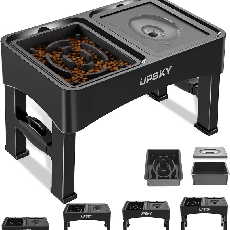 2-in-1 Elevated Dog Slow-Feed Bowl Set - 4-Height Adjustable Stand, 50oz No-Spill Water Dispenser, 10.6in Oval Slow-Feed Dish, Anti-Slip Pad Base, Foldable for Storage, Easy to Install, Eases Neck Relief for Small-Medium Dogs, Adjustable Height