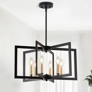 Name 1 Pc 6 Light Black Gold Geometric Metal Chandelier Modern Industrial Dining Room Farmhouse Living Room Entryway Kitchen E26 Bulbs Not Included