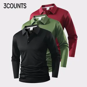 3COUNTS Men's Long Sleeve Polo Shirts Pack of 3 Collared Top Business Casual Golf Shirt Fitted Crop Top Classic Stylish for Travel Work & Everyday Commuting