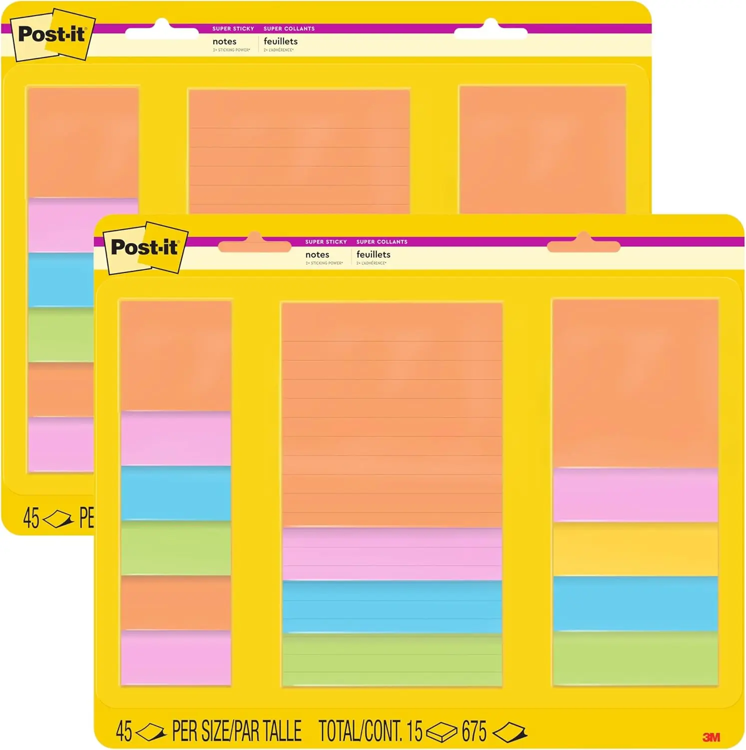 Post-It Super Sticky Notes Multi-Size Supernova Neons 2 Pack (2 x 15 Pads, 45 Sheets Each = 30 Pads, 1350 Sheets) Sticky Notes for Walls, Doors, Windows and Planners at Home and Office