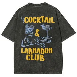 Cocktail Labrador Club T-shirt, Unisex Casual Cotton Comfort Shirt, Vintage CrewNeck Acid Washed Oversized Drop Shoulder Heavyweight T-shirt, Baggy Workout Tops Short Sleeve Shirt
