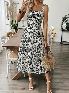 Women's Floral Print Casual Midi Dress - Sleeveless Crew Neck Vacation Dress