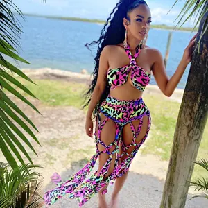 Thee Boutique The Lola Leopard Tie Dye Fringe Skirt Set Swimsuit