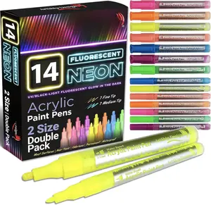 14 Pack Neon UV Fluorescent   Pens, Double Pack of Both Extra Fine and Medium Tip  Markers, for Rock Painting, Mug, Ceramic, Glass, and More, Water Based  and No Odor