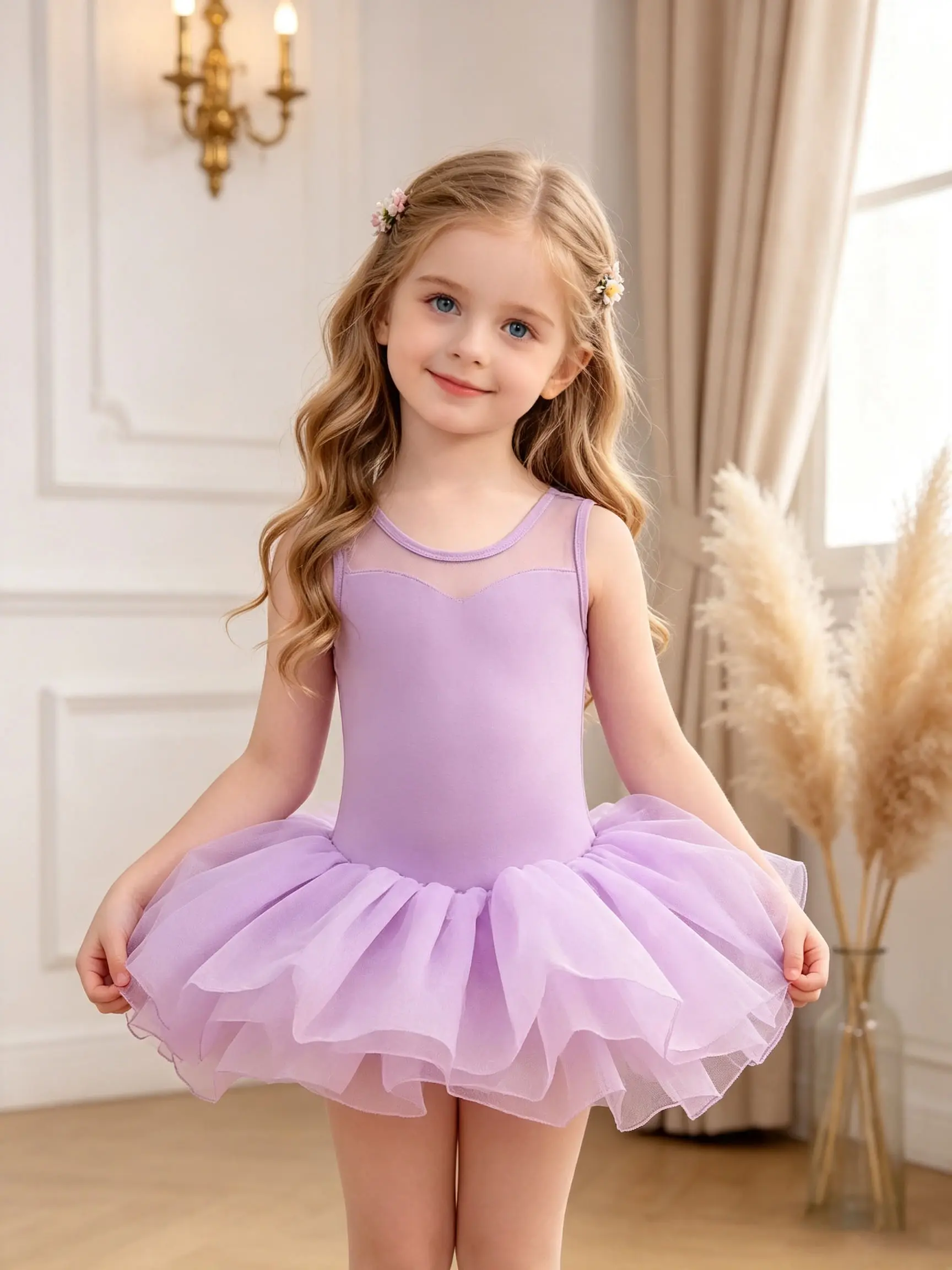 Girls' Sleeveless Mesh Heart Neck Tutu Leotard, Purple 1-Piece Tulle Dance Dress, Kids' Gymnastics Costume