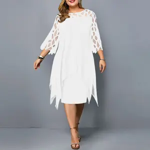 Western-Style Chiffon Dress with Lace Paneling, Three-Quarter Sleeves, and Asymmetrical Hem1