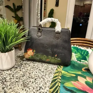 Top Grain Leather Vintage Style Handbag - Black with Floral Design