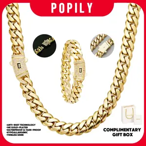 technology anti-rust new 14K Gold-Plated Cuban  new anti-rust technology Bracelet & Necklace Set Waterproof Fade-Proof Hypoallergenic 6-14mm Sizes Timeless Shine for Every Look Valentine's Day gift