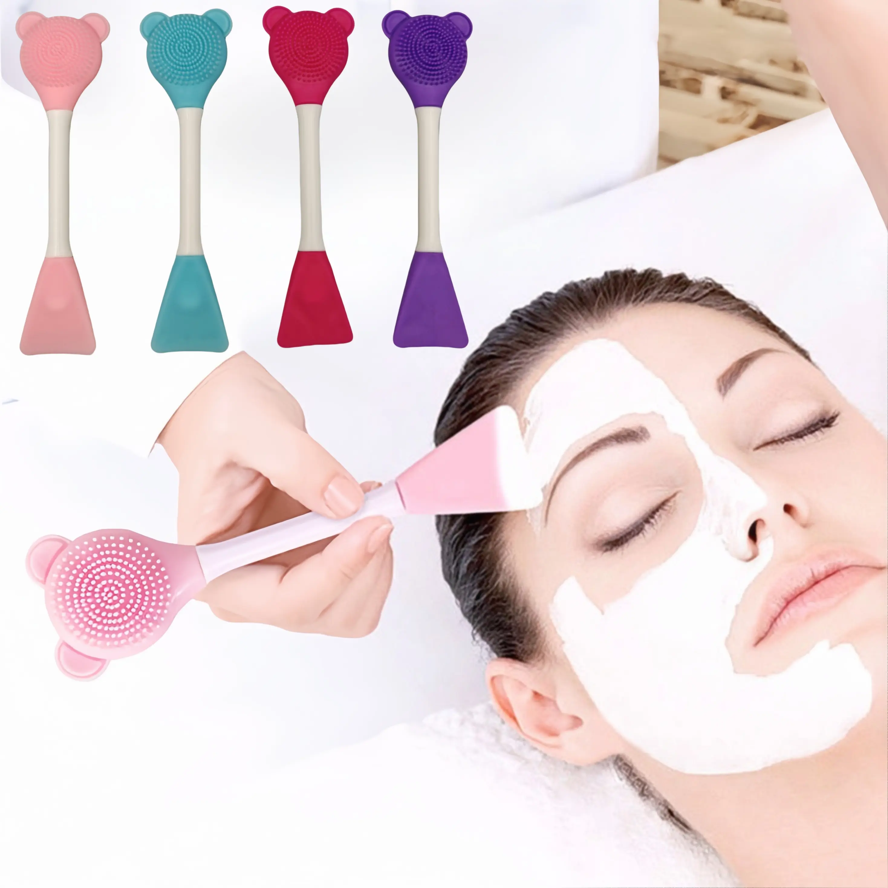 4-Piece Pink Silicone Facial Care Tool Set - Double-Ended Gentle Exfoliating Pore Cleansing Brush, Mask Application Tool