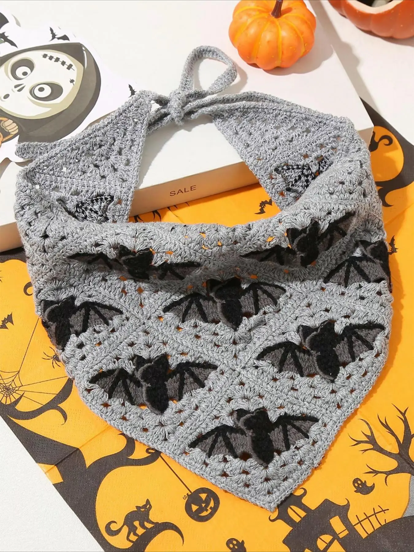 Bat Design Hollow Out Kerchief Bandana Hair Bandanas, Casual Simple Plain Color Kerchief for Women & Girls, Fashion Hair Accessories Costume for Party, Festive Holiday Daily Clothing Decor As Halloween Gift