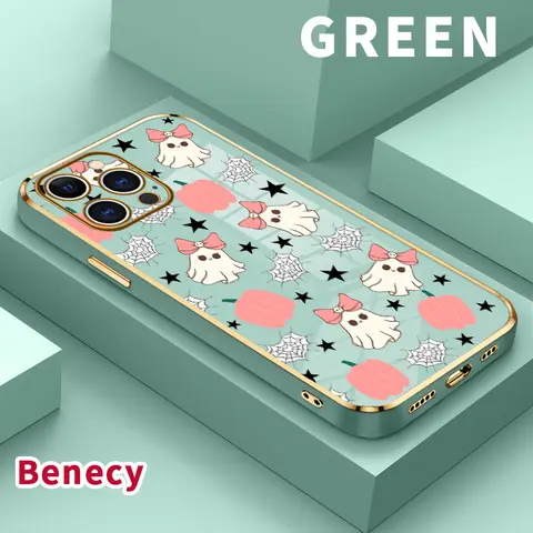 Shockproof Flexible TPU Phone Case for iPhone 11,12,13,14 Plus,15 Pro Max,16,X,XS Max,XR - Ghost Pattern, Luxury Golden Edge, Electroplated, Flexible TPU Feels Comfy in Hand, Camera Lens Protector, Gift-Worthy Phone Accessories
