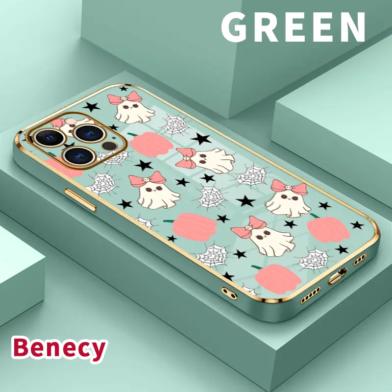 Shockproof Flexible TPU Phone Case for iPhone 11,12,13,14 Plus,15 Pro Max,16,X,XS Max,XR - Ghost Pattern, Luxury Golden Edge, Electroplated, Flexible TPU Feels Comfy in Hand, Camera Lens Protector, Gift-Worthy Phone Accessories