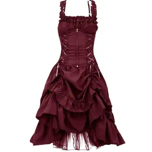 Renaissance Lace-up Midi Dress Gothic Ball Gown Skirt Slim Fit Irregular Lace-up Waist Lace Dress Womenswear Elegance Style Sleeveless Formal Casual Cotton Love Suit Basic Minimalist