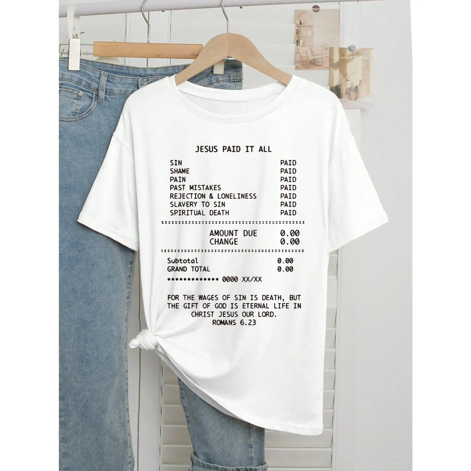 Plus Size Graphic T-Shirt for Women, Oversized 'Jesus Paid It All' Slogan Print, Casual Short Sleeve Round Neck Streetwear, Tshirt, Top