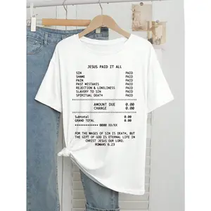 Plus Size Jesus Paid It All Religious Faith Christ English Graphic Print Round Neck Oversized T-Shirt For Women