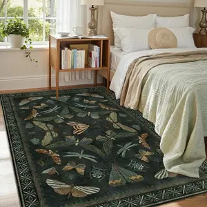 Washable, Soft & Comfortable Small Decorative Area Rug with Symmetrical Butterfly & Dragonfly Print on Dark Green Background for Living Room, Bedroom, Non-Slip Rubber Backing