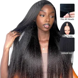 STERLY V Part Kinky Straight Human Hair Wig Yaki Straight Human Hair Wigs for Black Women Upgrade U part Wig No Leave Out 12A Glueless Kinky Straight V Shape Clip in Half Wig No Glue No Sew Beginner Friendly 180% Density Wig