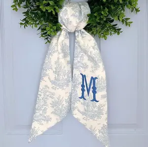 Monogram chinoiserie wreath sash for front door, personalized embroidered spring patriotic wreath sash, custom wedding & bridal shower gift