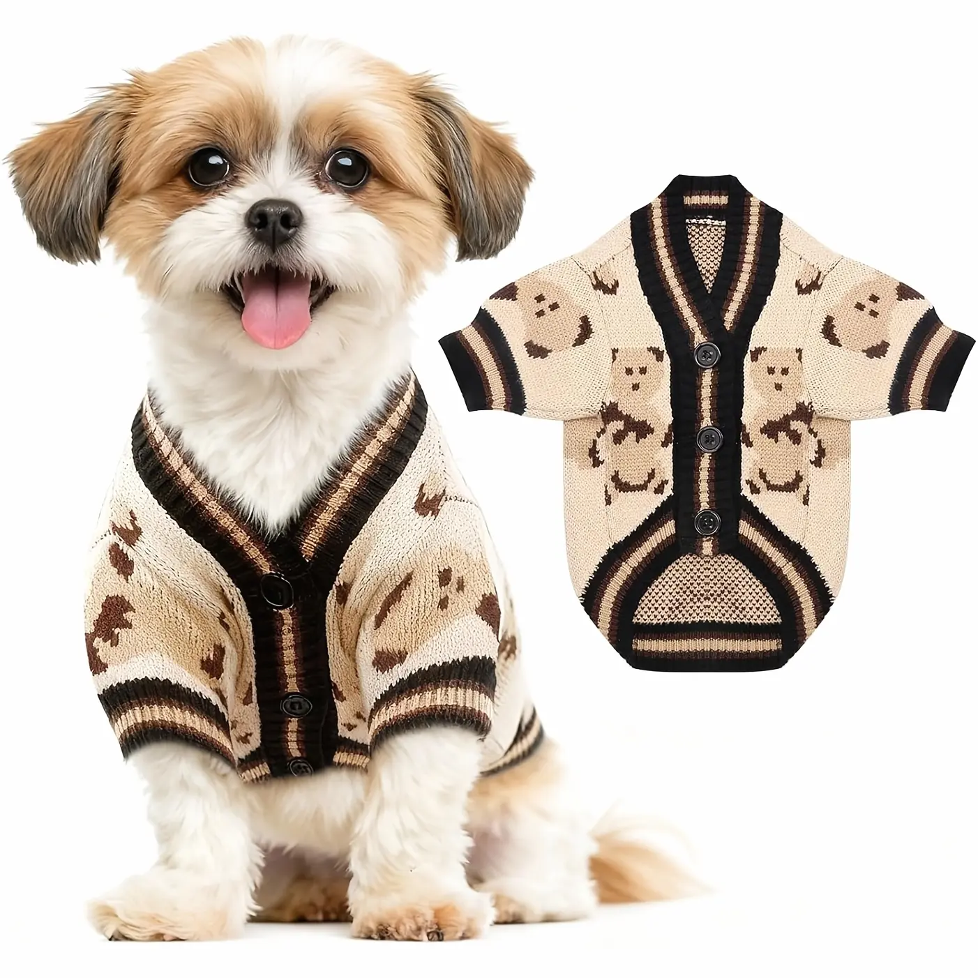 Cardigan Dog Sweater with Button Closure - Allover Bear Print Warm Knitted Dog Clothes for Spring & Summer, Soft Fleece-Lined Puppy Shirt for Small Breeds, Bichon/Teddy/Schnauzer Apparel with Adjustable Collar, Elastic & Embroidered
