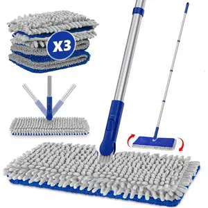 2-Sided Microfiber Dust Mop Dry Flat Wall Mop for Hardwood Floors with 3 Reusable Pads Reversible Head for Apartment Kitchen Tile Laminate Pet Hair Cleaning